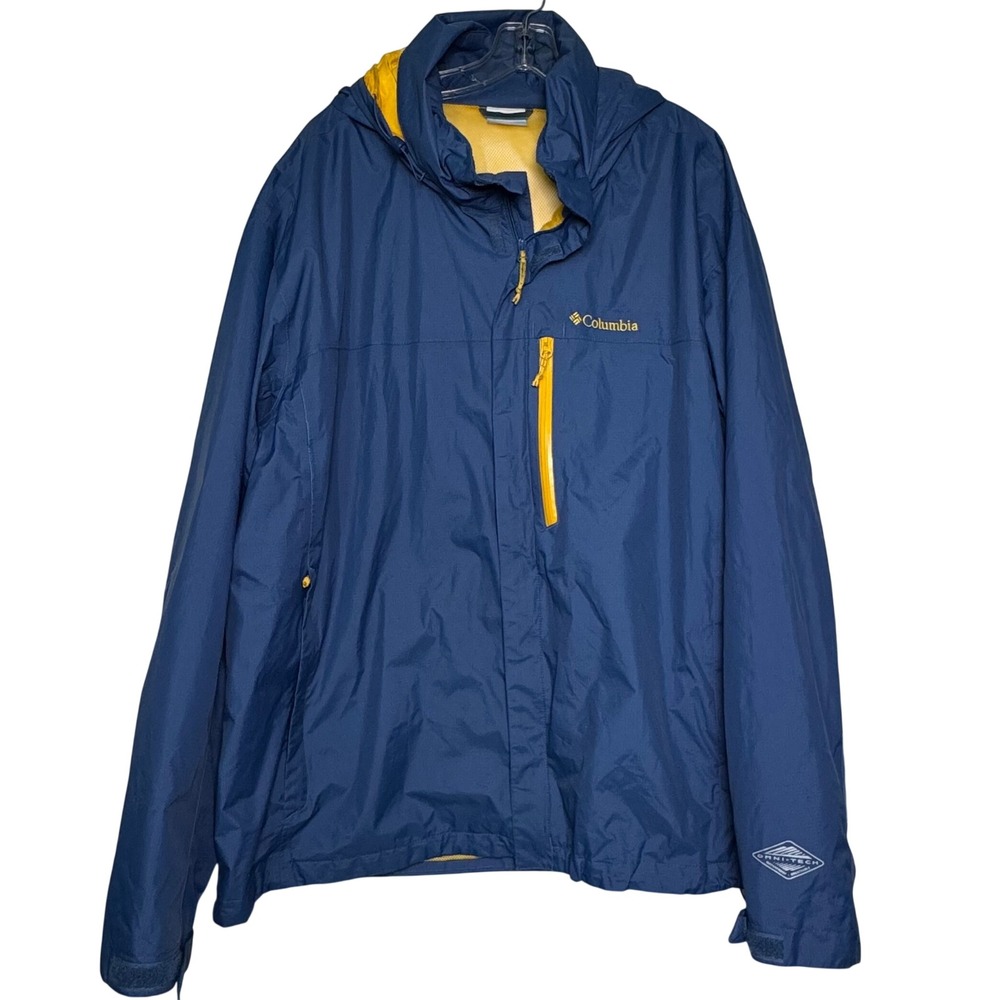 Columbia Mens Omni-Tech Packable Rain Jacket Blue Yellow Hooded Ripstop Shell 3X